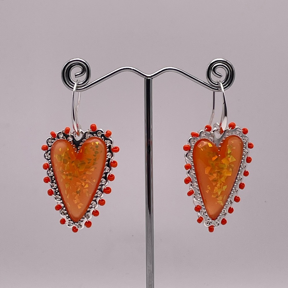 Fashion Orange Heart Earrings in Silver-Tone